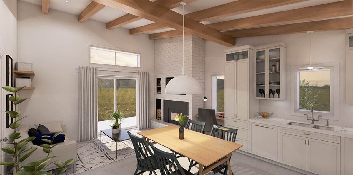 Interior rendering of a living and dining area with a fireplace, kitchen island, and vaulted ceiling with exposed beams.