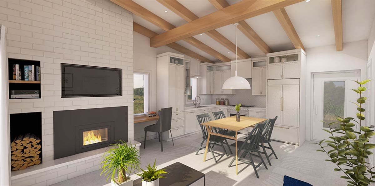 Open-concept living area with vaulted wood-beamed ceiling, brick fireplace, integrated TV, and white kitchen.