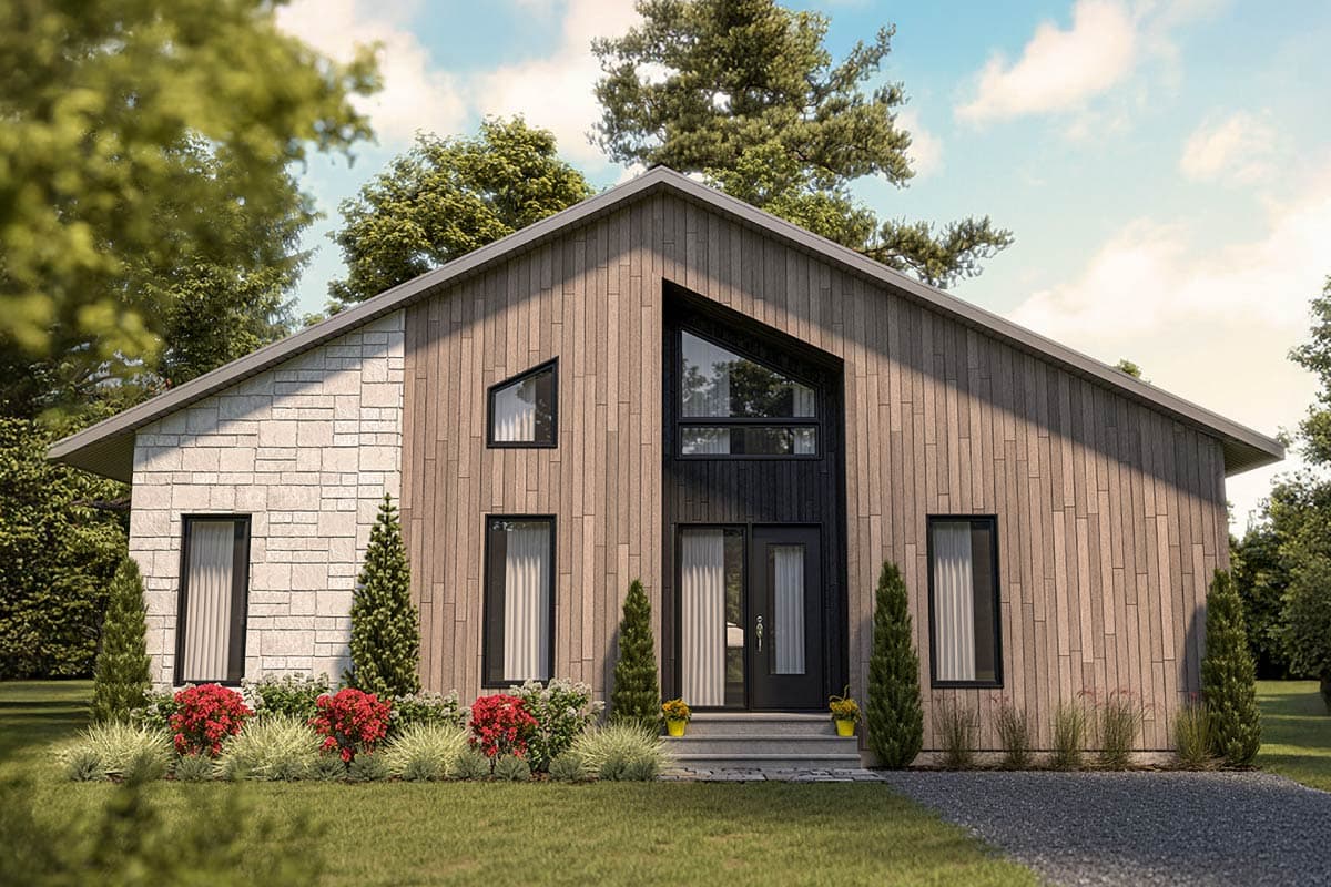 House plan exterior with a gabled roof, vertical wood siding, and stone facade. Features include a large entry window and modern windows.