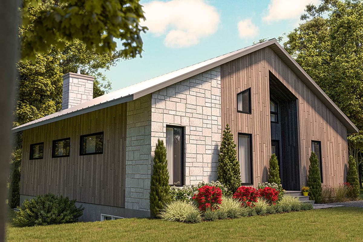 Modern house plan exterior with stone and wood siding, gabled roof, and asymmetrical windows.