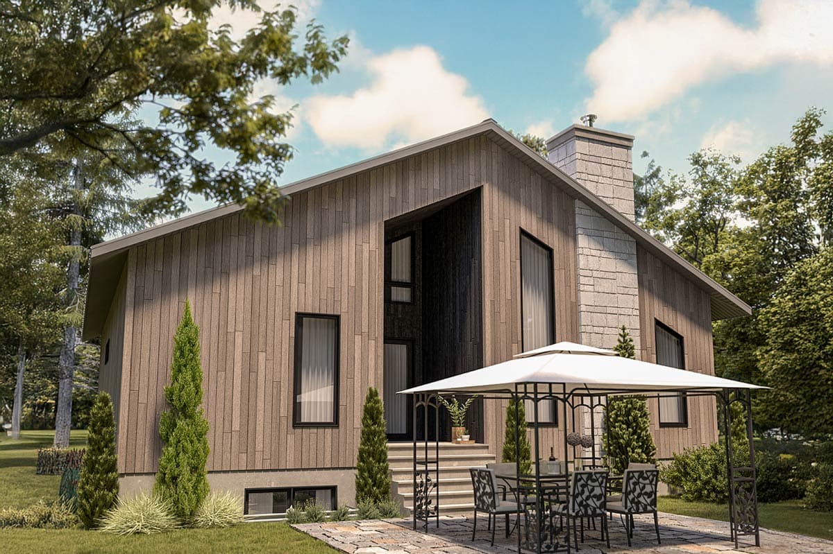 Modern house plan exterior with vertical wood siding, stone chimney, and asymmetric gables.