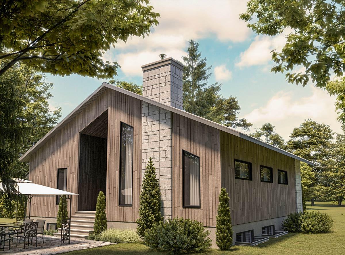 House plan exterior: Modern style, single story, vertical wood siding, stone chimney, prominent gables, and angled windows.