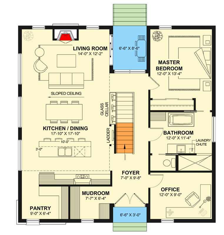 Plan 22728DR: Single Bedroom Contemporary Mountain Plan with Mezzanine and Glass Cellar - Floor Plan - Main Level - Cabin, Contemporary, Mountain, Rustic