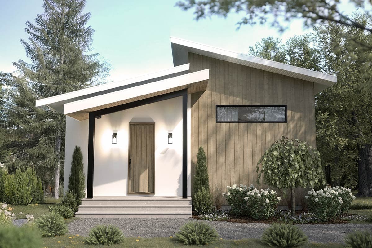 House plan exterior with modern style, one story, and a sloped roof. Features include a covered entry, wood siding, and a rectangular window.