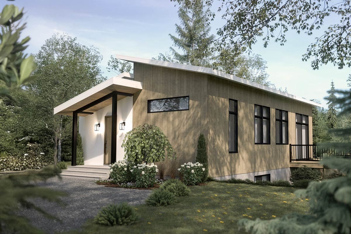 Modern house plan exterior with shed roof, wood siding, covered entry with black columns, and dark-framed windows.