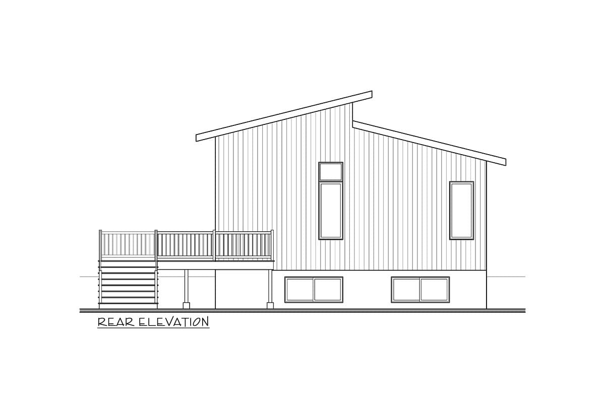 Rear elevation drawing of a house plan with a sloped roof, deck, and multiple windows.