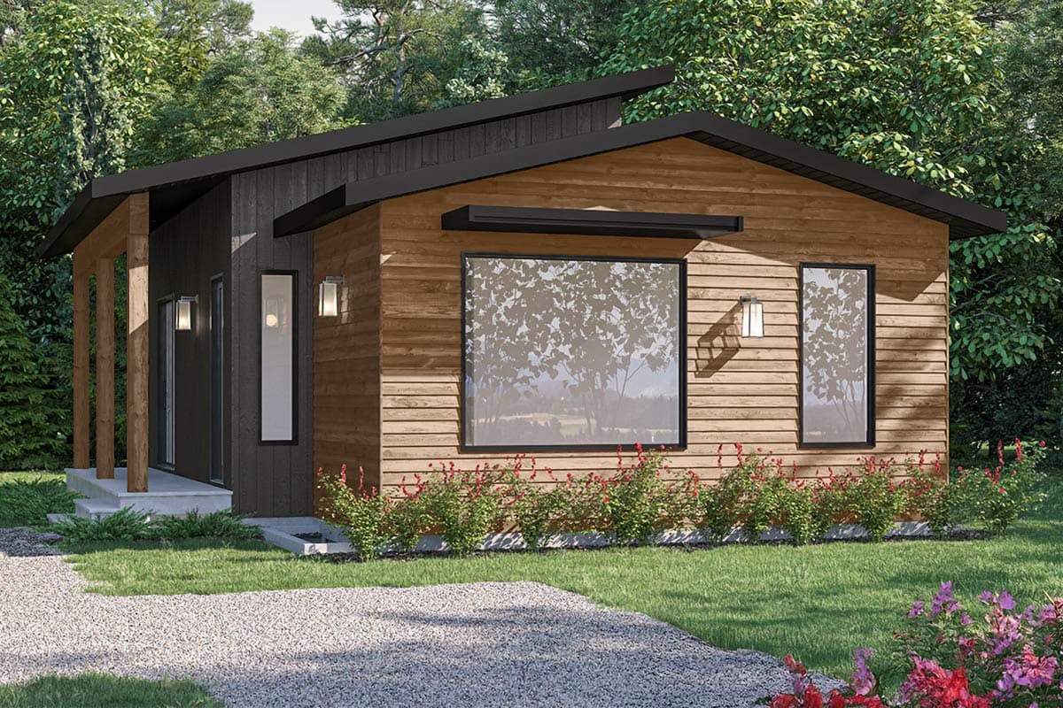 House plan exterior with modern style, single story, and a shed roof. Features include a porch with wooden posts and large windows.