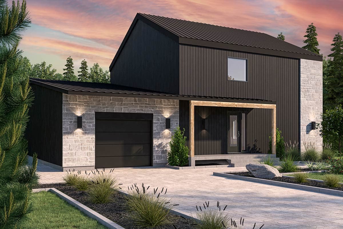 House plan exterior. Modern style with two stories, a detached garage, covered entry porch, and a combination of vertical siding and stone facade.