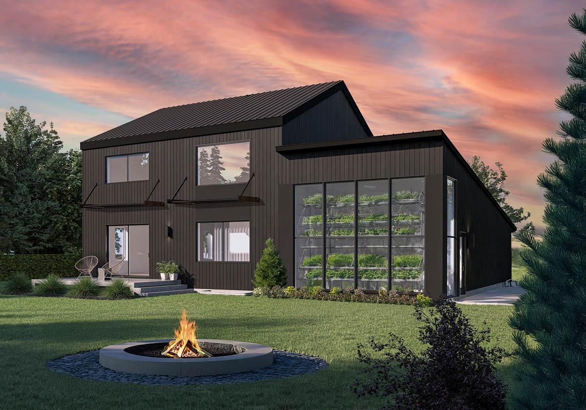 Two-story house plan exterior with dark vertical siding, metal roof, and a large vertical hydroponic garden wall.