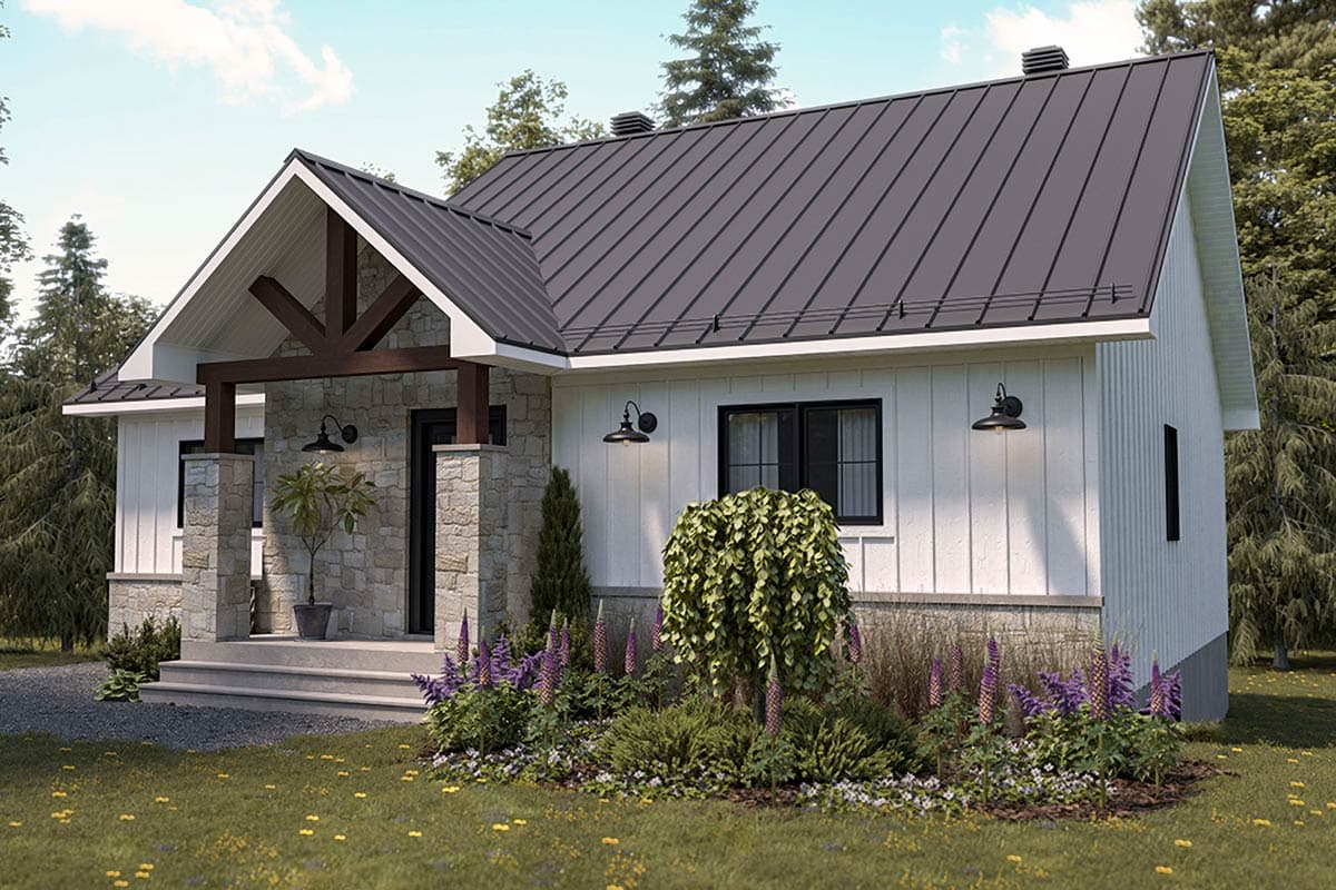 House plan exterior: Modern Farmhouse style, one story, with stone accents, gabled entrance, and metal roof.