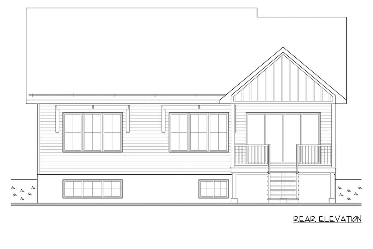 Rear elevation drawing of a house plan, showing siding, multiple windows, and a covered rear deck with stairs.