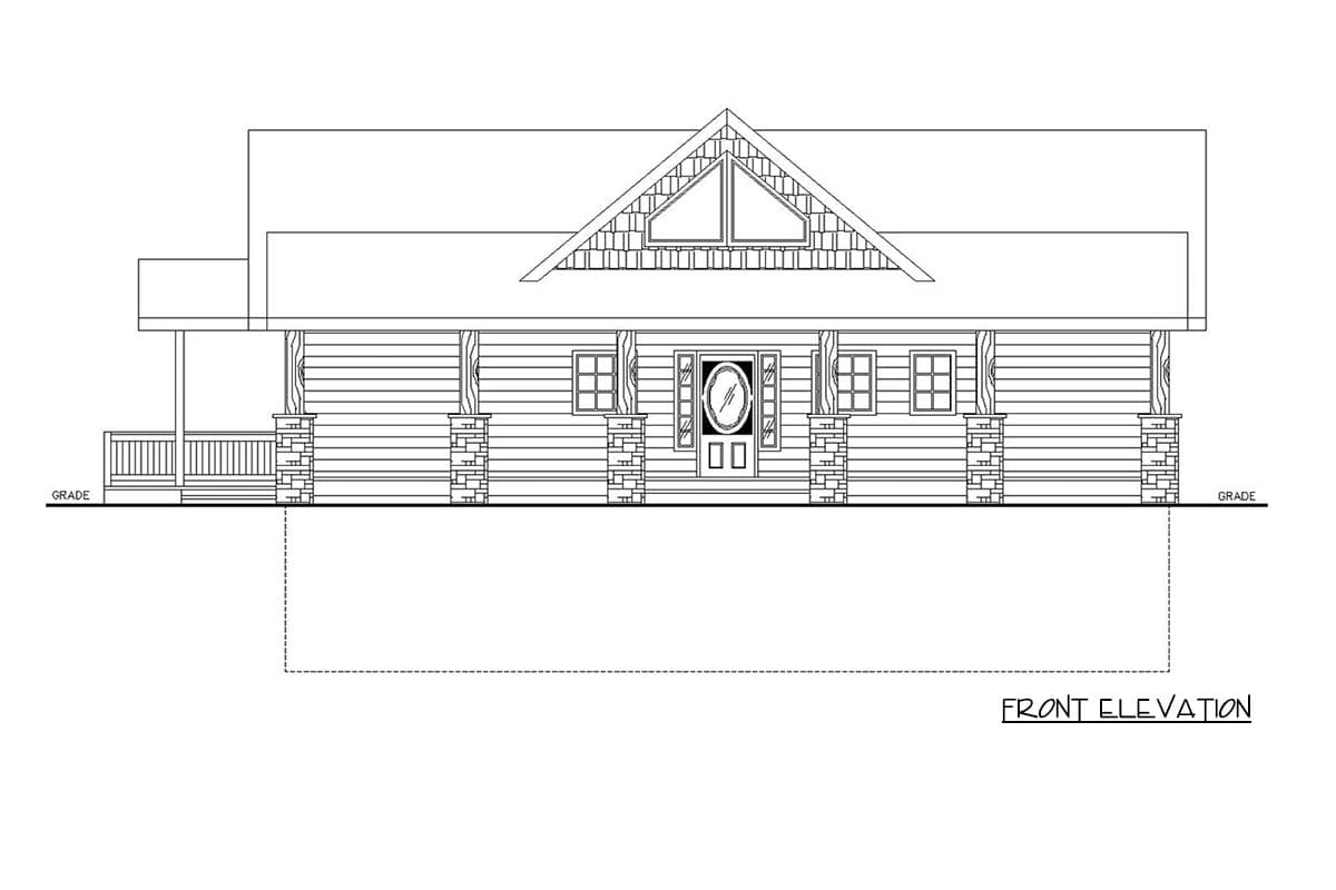 Front elevation drawing of a house plan with a prominent gable, covered front porch supported by stone-clad columns, and multiple windows.