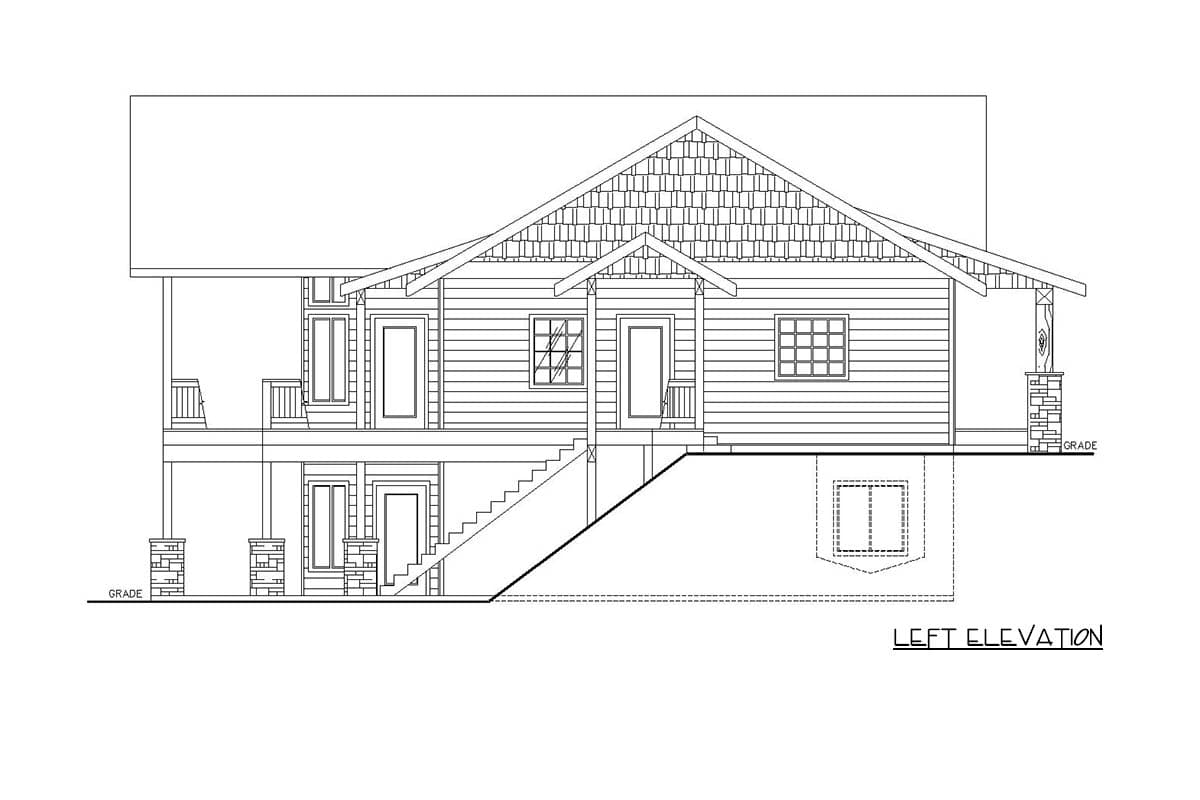Left elevation drawing of a two-story house plan with a prominent gable roof, covered porches, and horizontal siding.