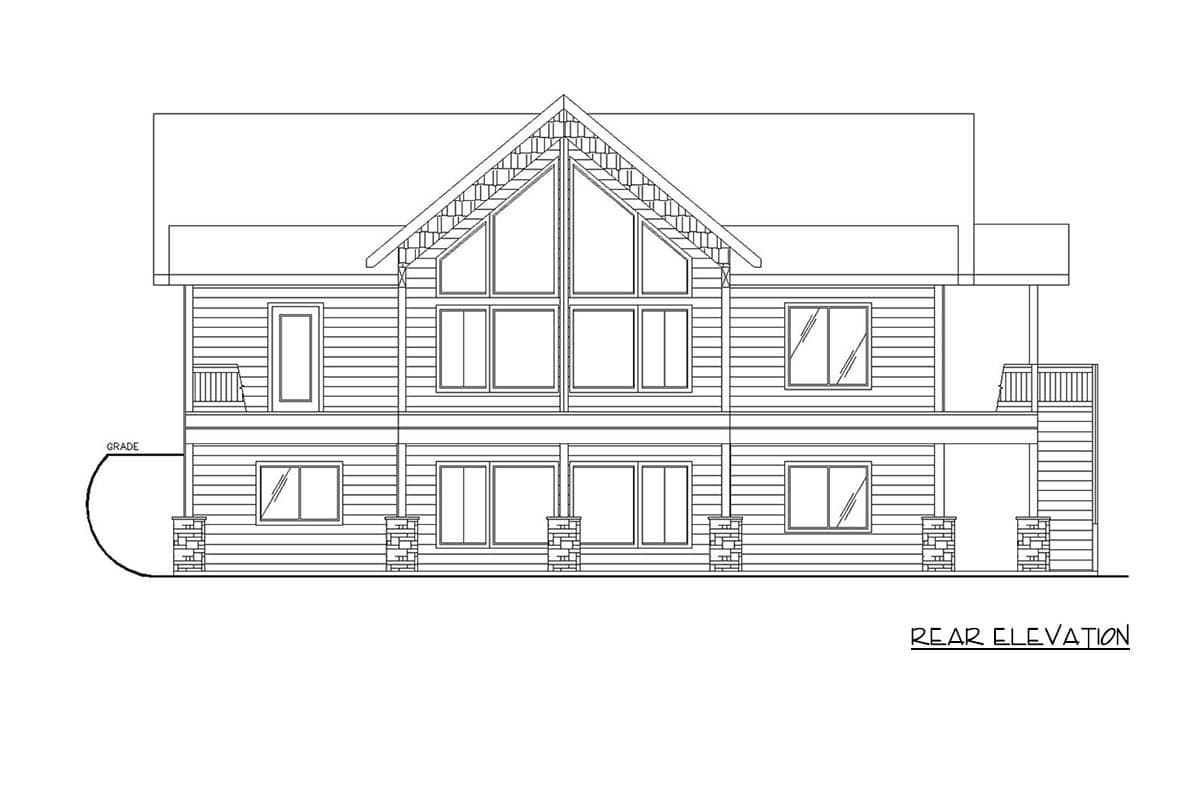 Rear elevation drawing of a two-story house with a prominent gable, large stacked windows, and a deck. Stone-clad porch supports.
