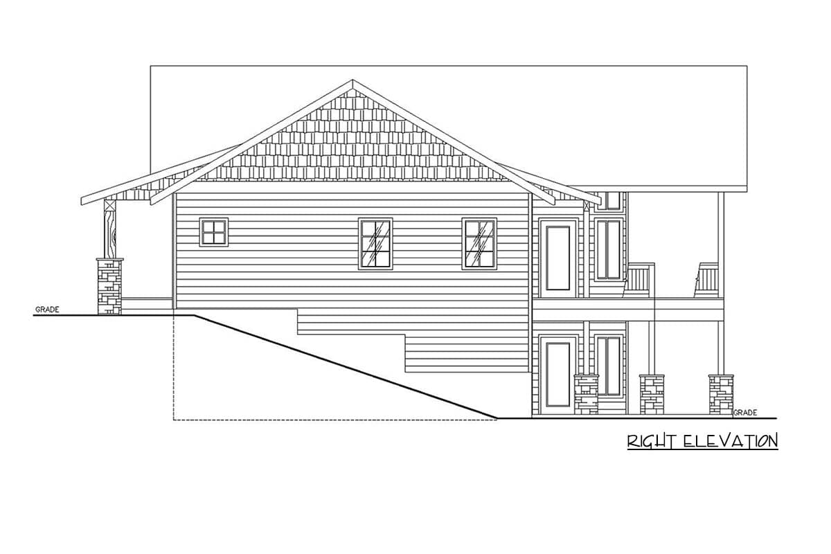 Right elevation drawing of a two-story house with a covered porch, gabled roof, and stone-accented pillars.
