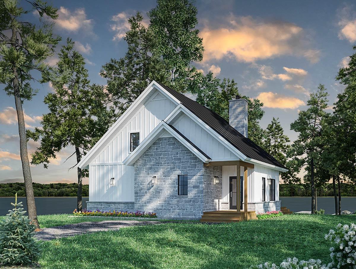 House plan exterior: Modern Farmhouse style, 1.5 stories, stone facade, gabled dormer, prominent chimney, and covered entry porch.