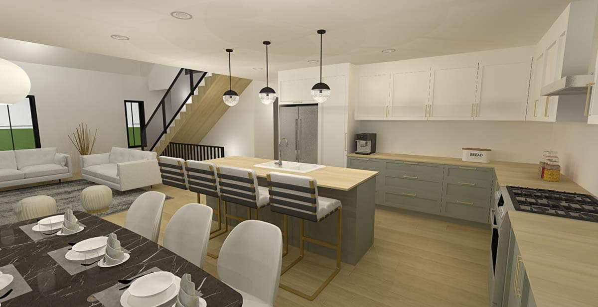Modern open-concept living area with kitchen island, dining table, and living room seating. Stairs to upper level visible.