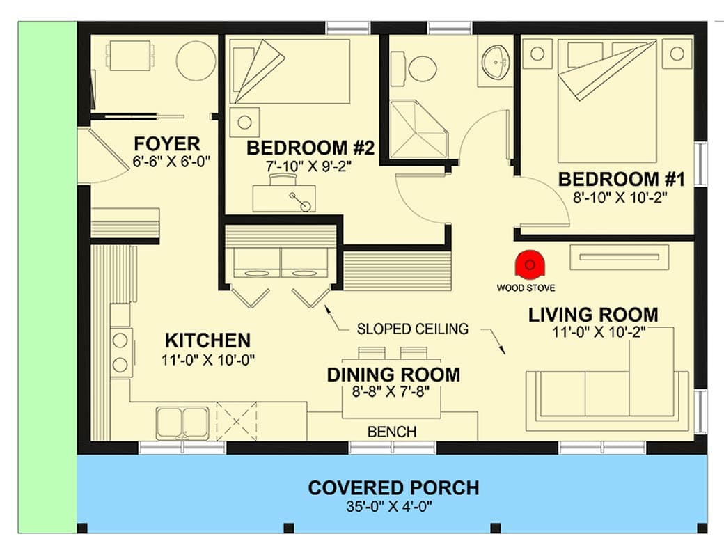 Plan 22736DR: Compact 2-Bedroom Modern House Plan with Inviting Covered Porch - Floor Plan - Main Level - Cabin, Cottage, Modern, Mountain, Northwest, Vacation