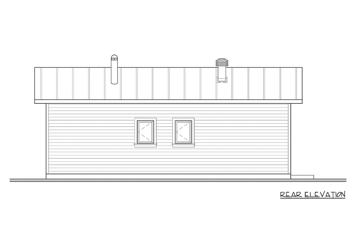 Rear elevation drawing of a house with horizontal siding, two windows, and a metal roof with two vents.