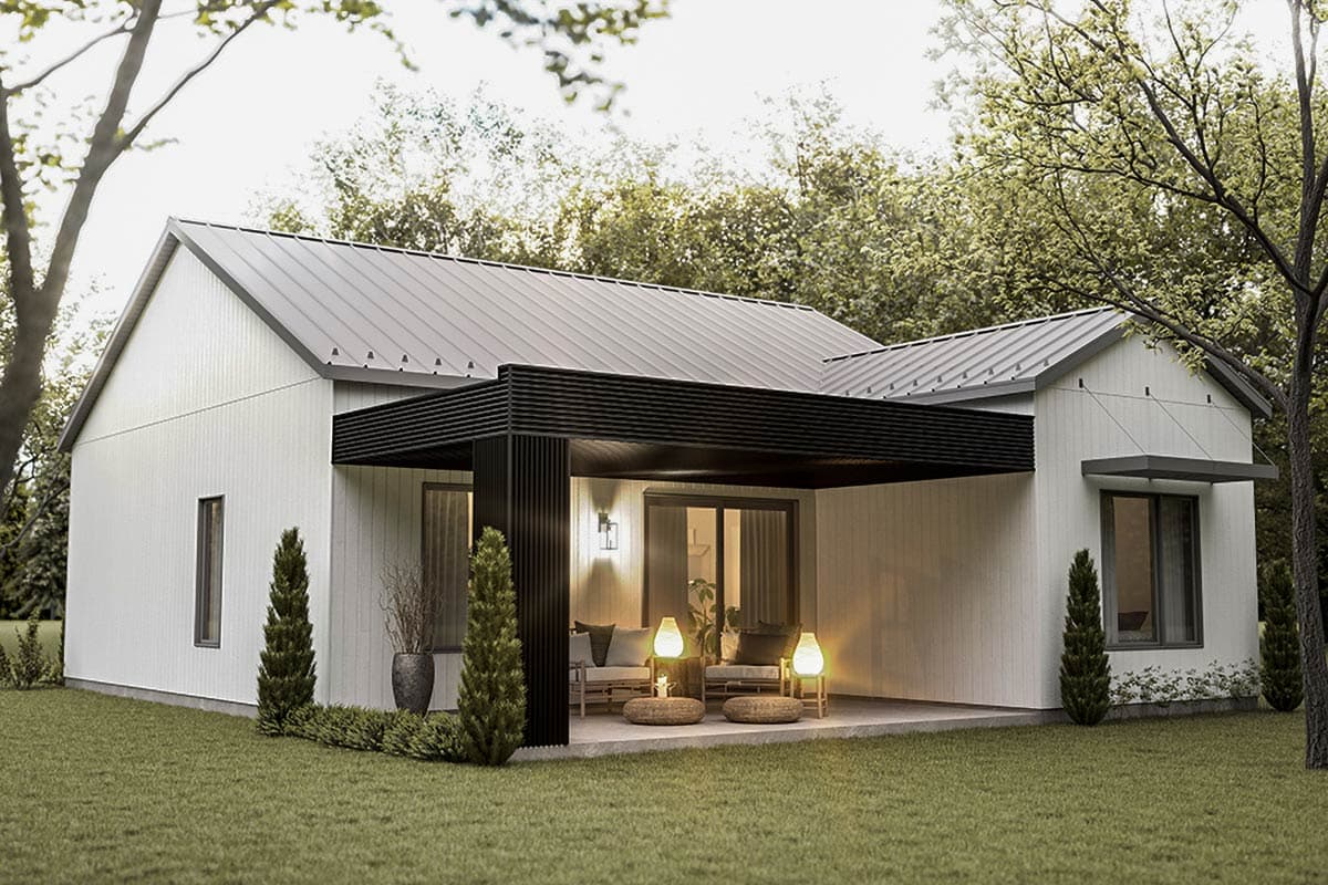 Modern ranch house plan exterior with metal roof, covered patio with slatted screens, and vertical siding.