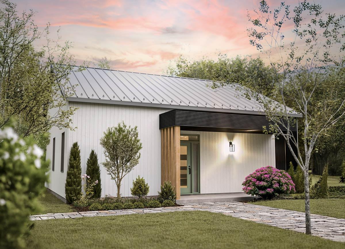 House plan exterior. Modern style with metal roof, covered entry with dark trim, and vertical siding. Single-story with landscaping.