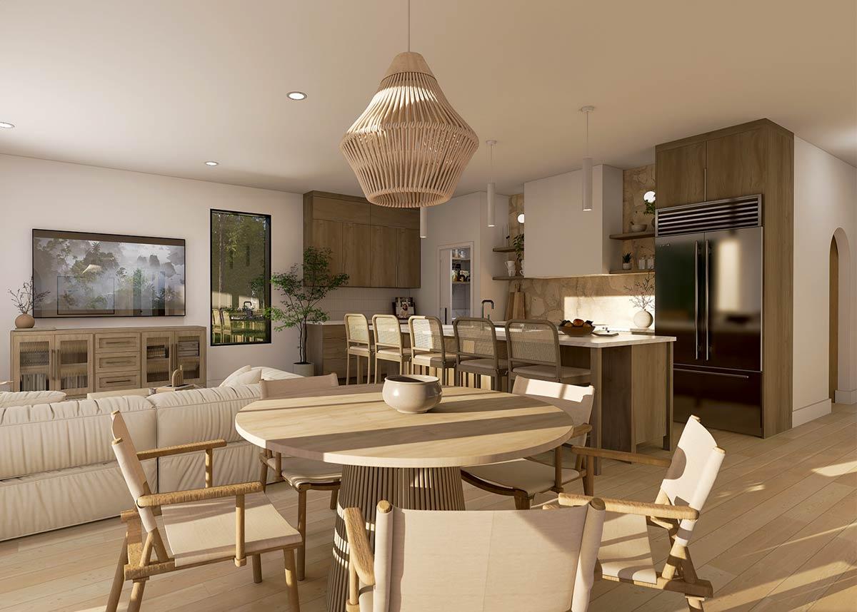 Open-concept living and dining area with a modern kitchen featuring a large island, natural wood cabinetry, and stainless steel appliances.