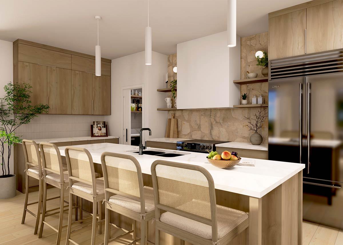 Kitchen with island, stone accent wall, wood cabinetry, stainless steel refrigerator, and pendant lighting.