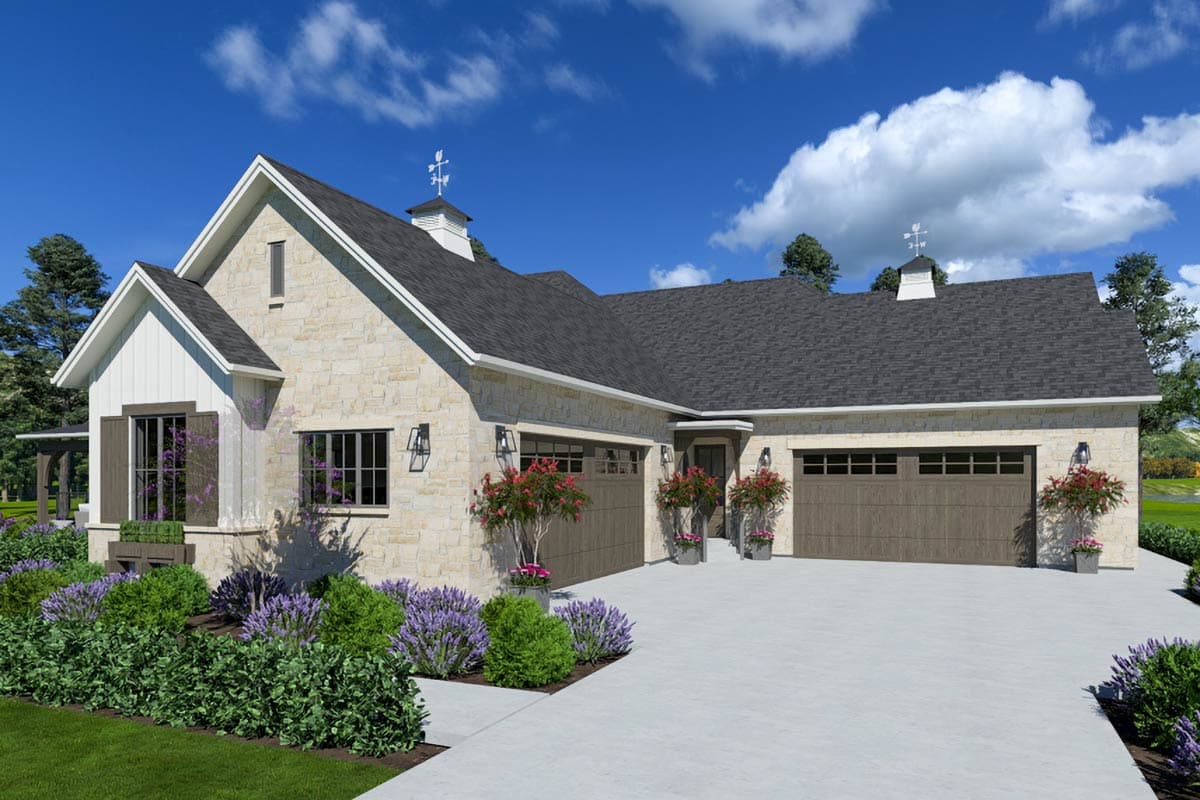 House plan exterior: Modern Farmhouse style with stone facade, three-car garage, gables, and cupolas with weather vanes.