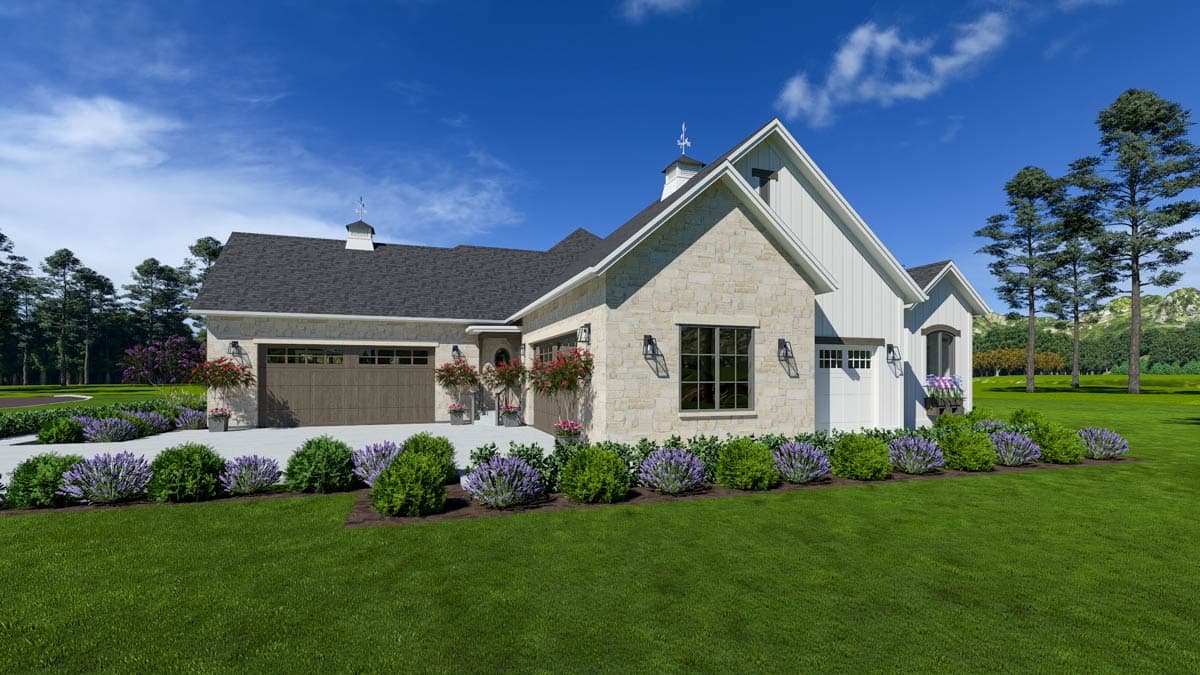 Modern Farmhouse house plan exterior with stone and board-and-batten siding, a large gable, and a three-car garage.