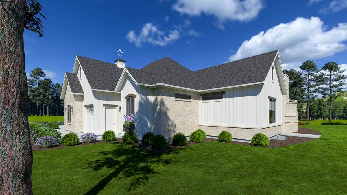 Modern Farmhouse house plan exterior with stone accents, board and batten siding, multiple gables, and a visible garage.
