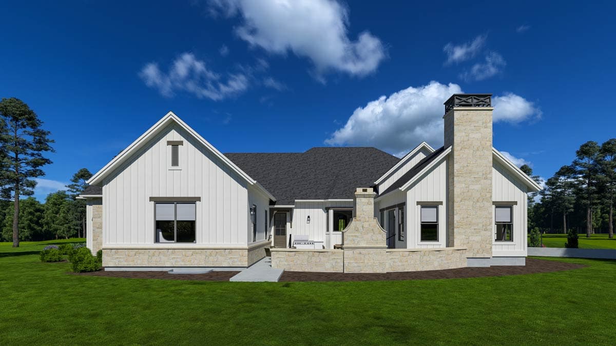 Modern Farmhouse house plan exterior with gabled roofs, board and batten siding, stone accents, and prominent stone chimney.