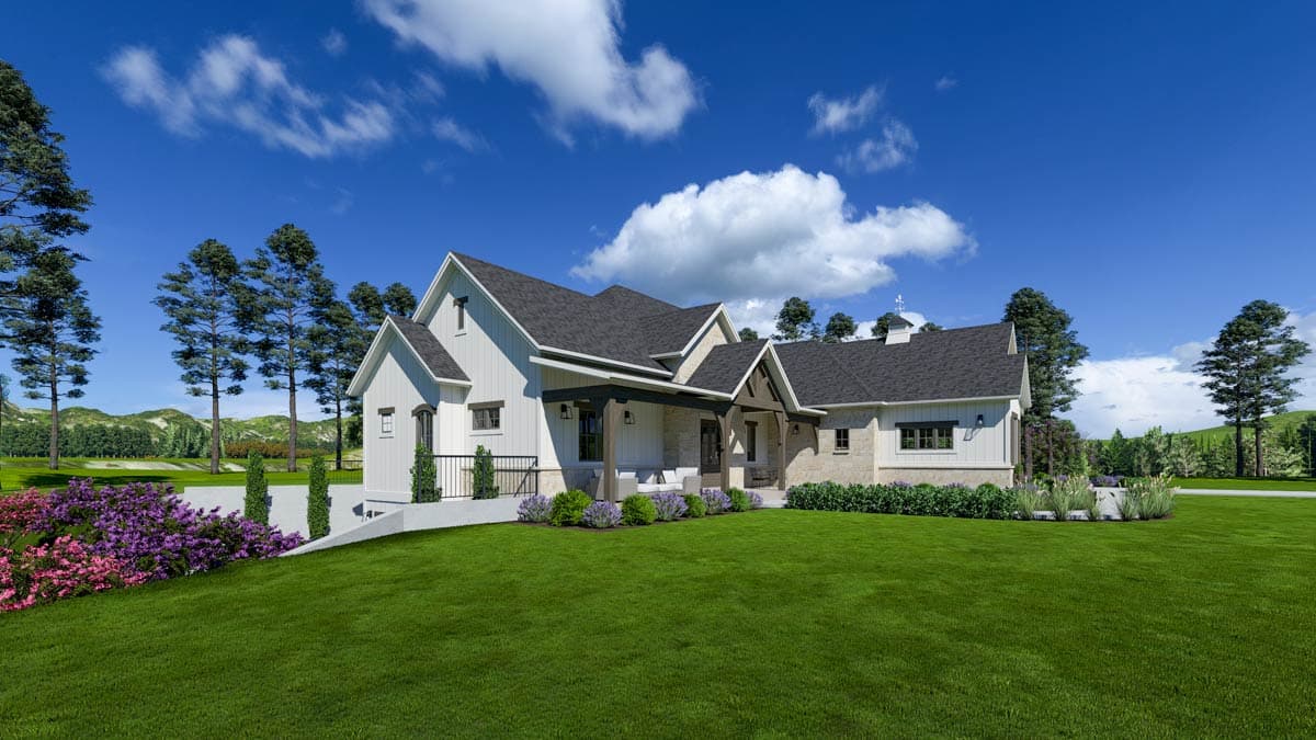 Modern Farmhouse house plan exterior with gables, stone accents, and a covered porch with timber supports.