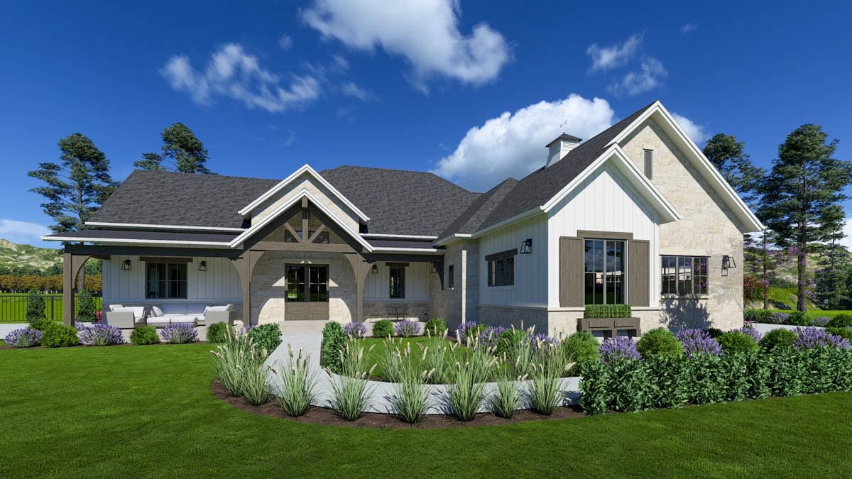 House plan exterior. Modern Farmhouse style with a two-story gable roof, covered porch with exposed beams, and stone and shiplap siding.