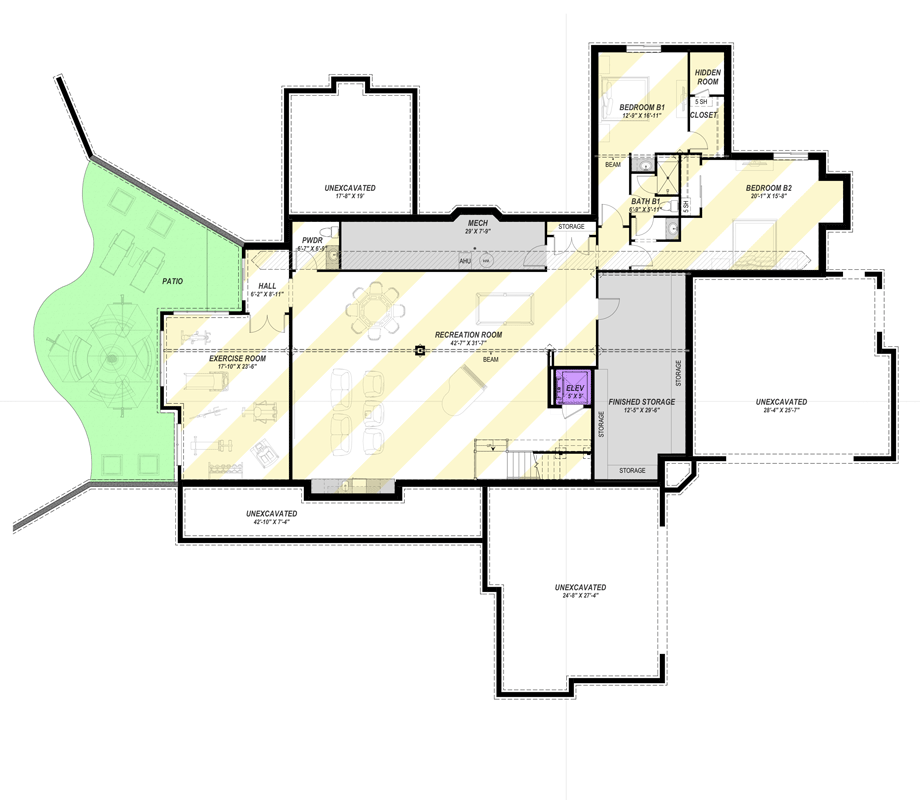 Plan 64560SC: Luxury Contemporary House Plan with Elevator, Sunroom, and 4-Car Garage - Floor Plan - Optionally Finished Lower Level - Contemporary, Mid Century Modern