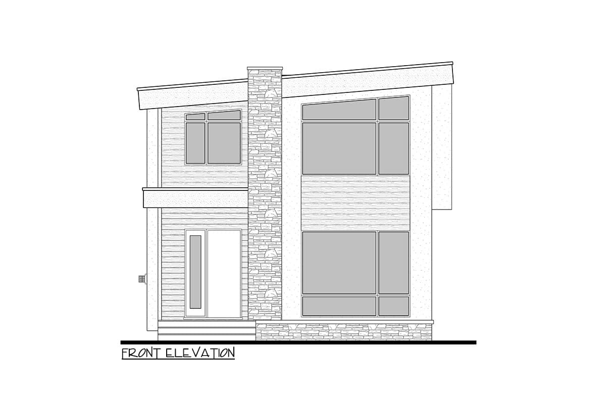 Front elevation drawing of a two-story modern house with a stone chimney, asymmetrical roofline, and mixed siding.