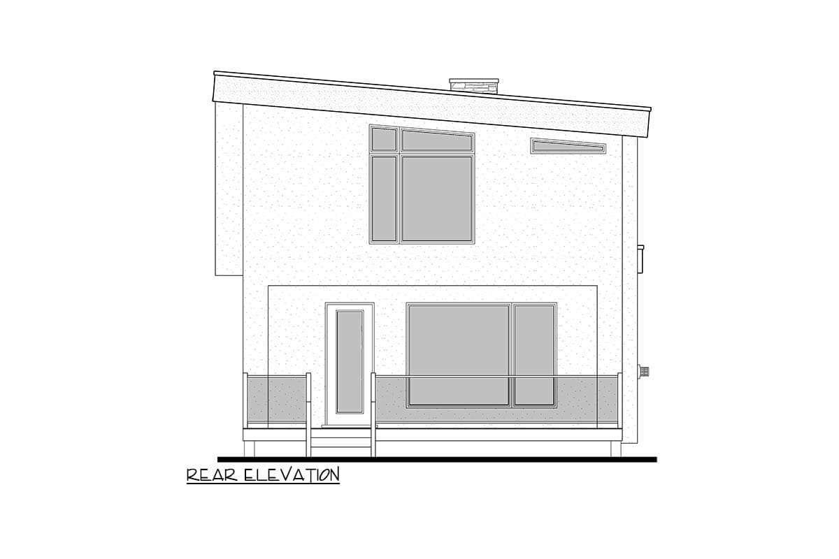 Rear elevation drawing of a two-story house plan with a sloping roof, chimney, and large windows on both levels.