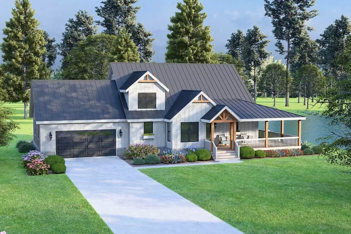 Modern Farmhouse style house plan exterior with metal roof, gables, dormers, covered porch, and side-entry garage.