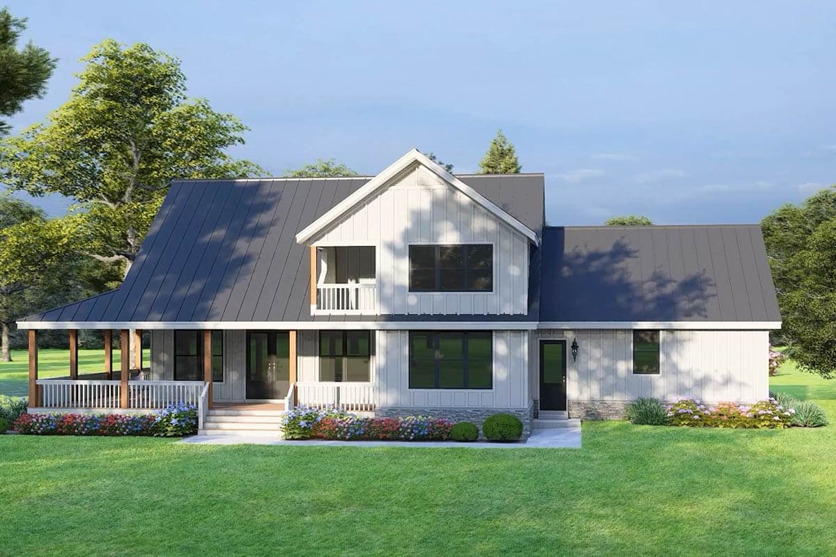 Modern farmhouse house plan exterior with a wraparound porch, metal roof, gables, and dormers.