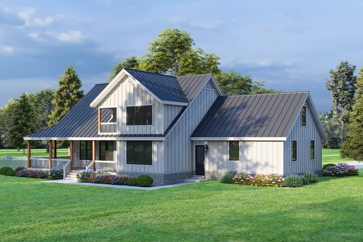 House plan exterior of a two-story Modern Farmhouse with a metal roof, wrap-around porch, and board-and-batten siding.