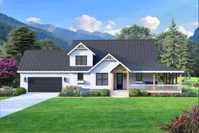 Country Farmhouse House Plan with Vaulted Great Room and Wrap-Around Porch