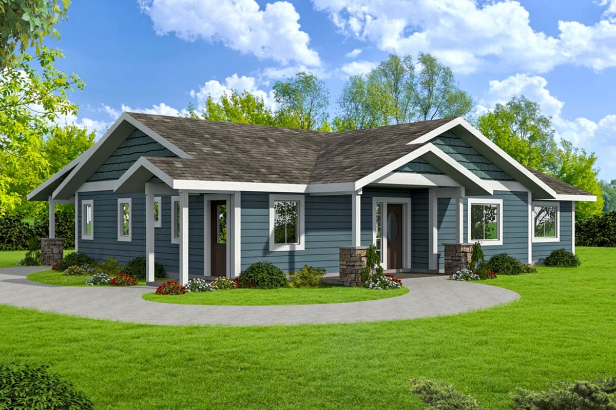 House plan exterior featuring a single-story home with a gabled roof, a covered porch with stone columns, and multiple windows.