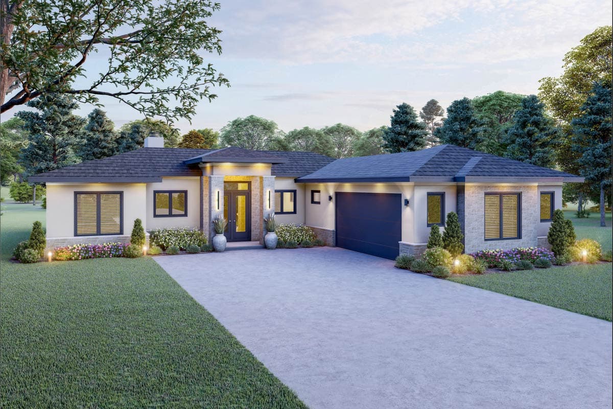 House plan exterior. One-story modern house with a front-entry garage, flat roof, and stone facade accents around the entry and windows.