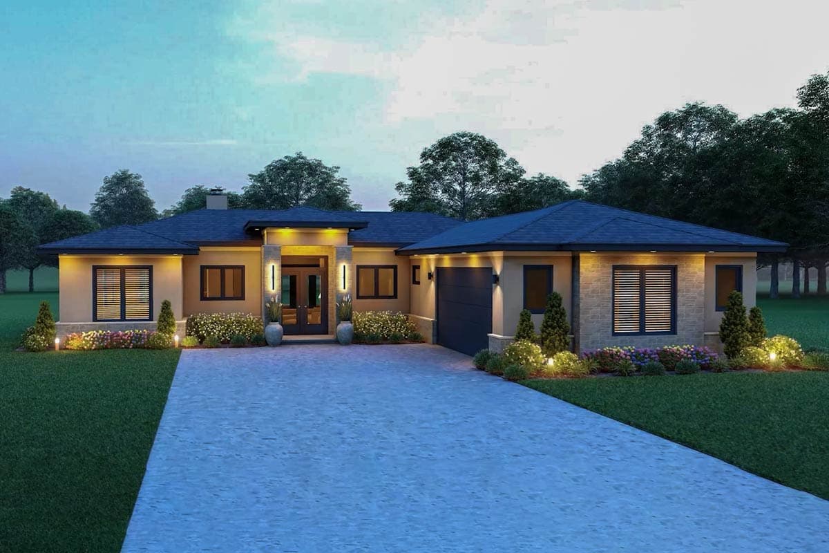 Modern ranch house plan exterior with covered entryway, stone accents, gable roof, and attached garage.