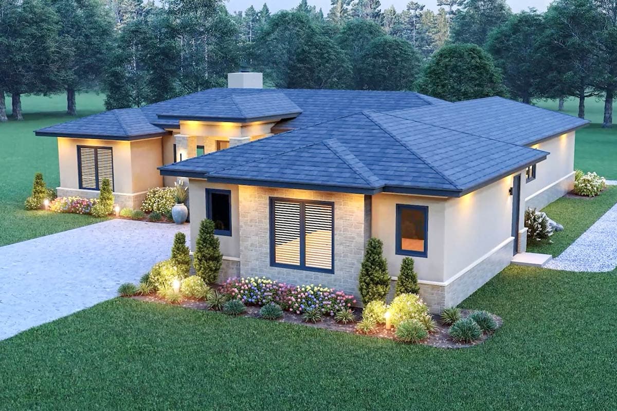 Modern ranch house plan exterior with multi-level rooflines, stone accents, and a prominent chimney.