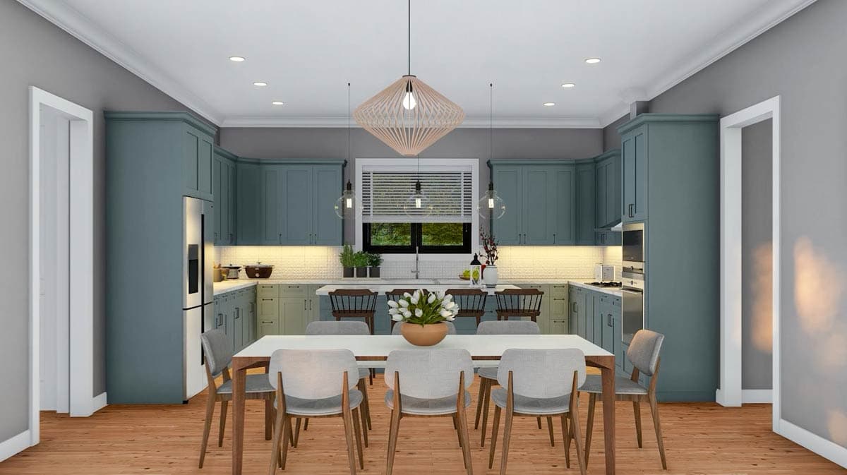Interior rendering of a kitchen and dining area with a large island, two-tone cabinets, pendant lighting, and a dining table.