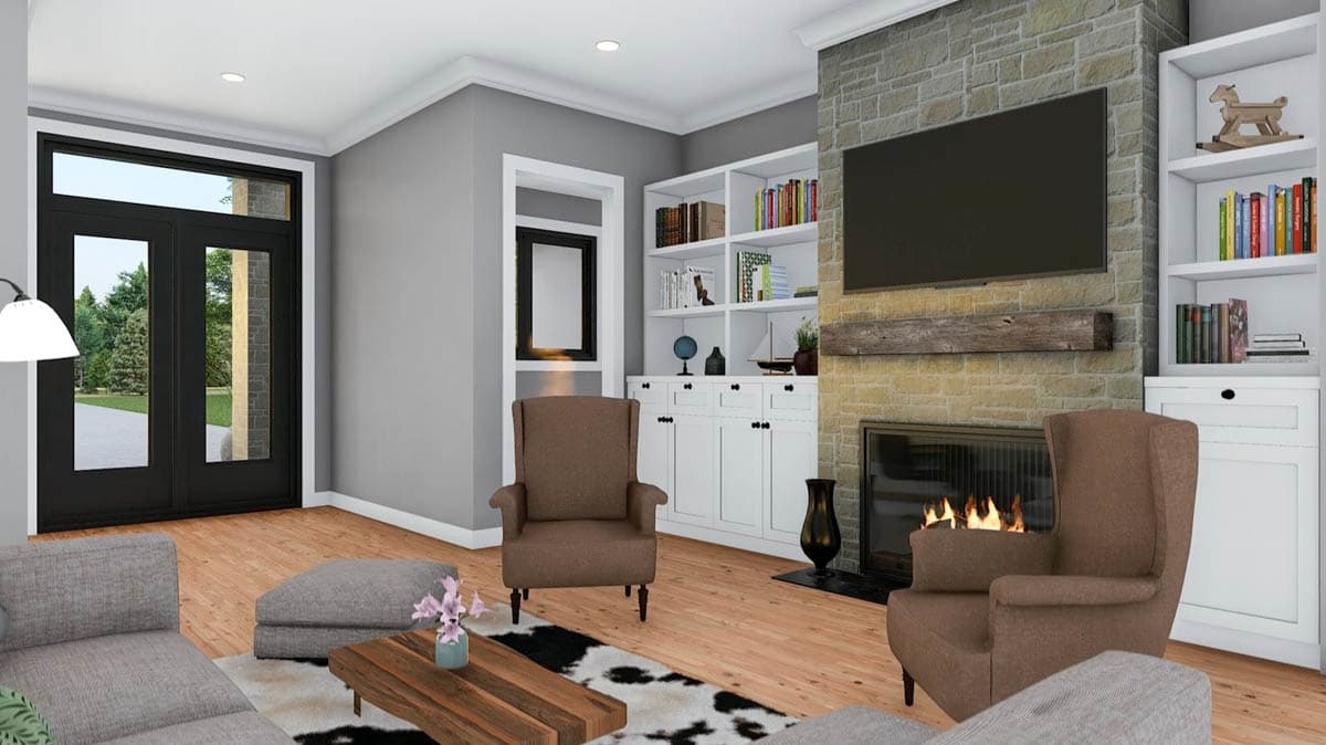 Living room with fireplace, built-in shelving, double doors, and seating.