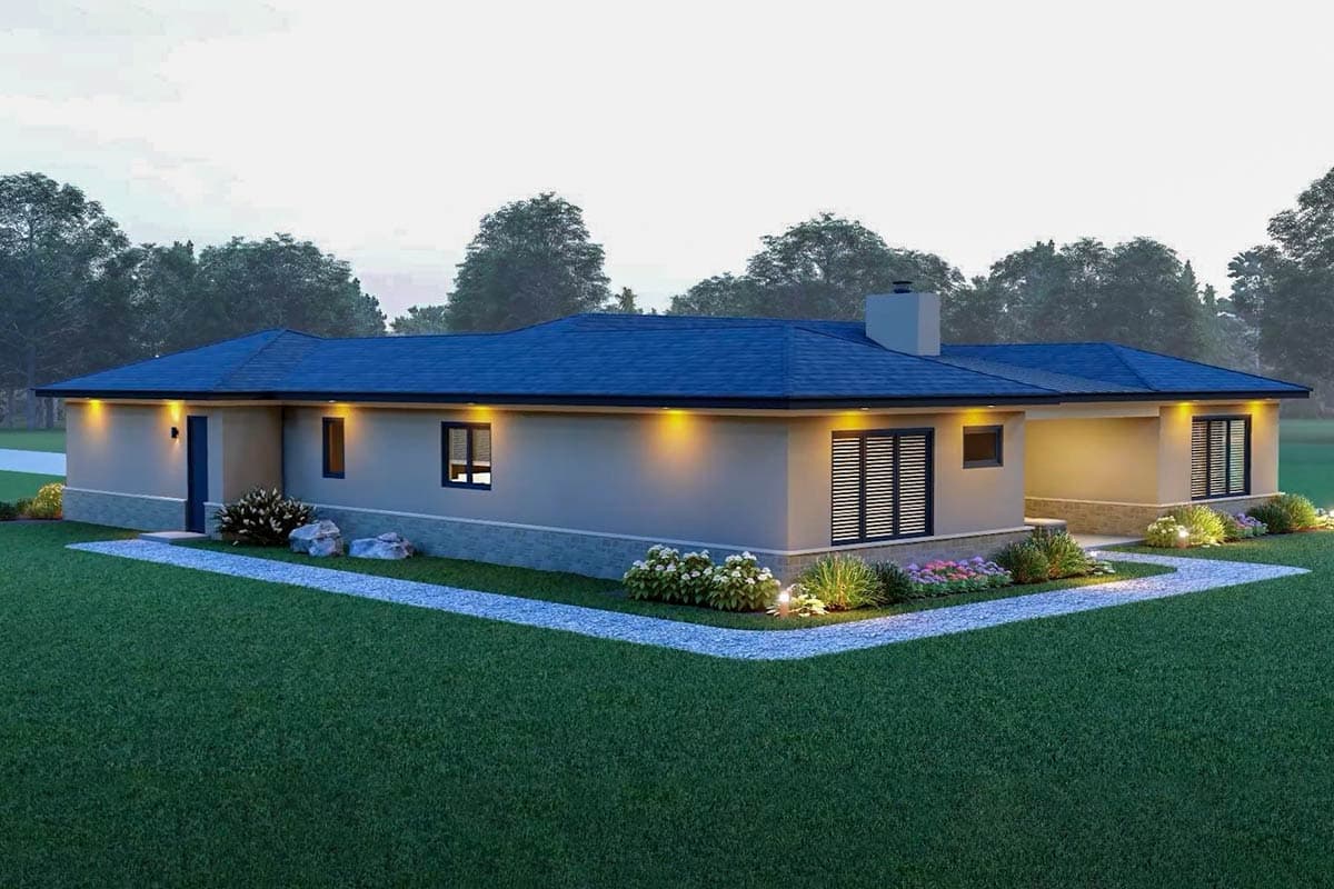 House plan exterior: Single-story Modern style home with a hipped roof, stone accent base, and front entry.