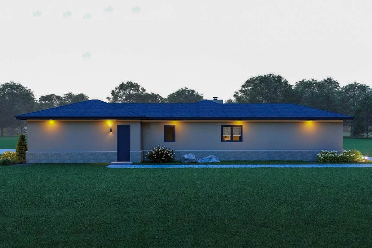 House plan exterior: Ranch style, single story with a blue hip roof, one entrance door, and two windows.