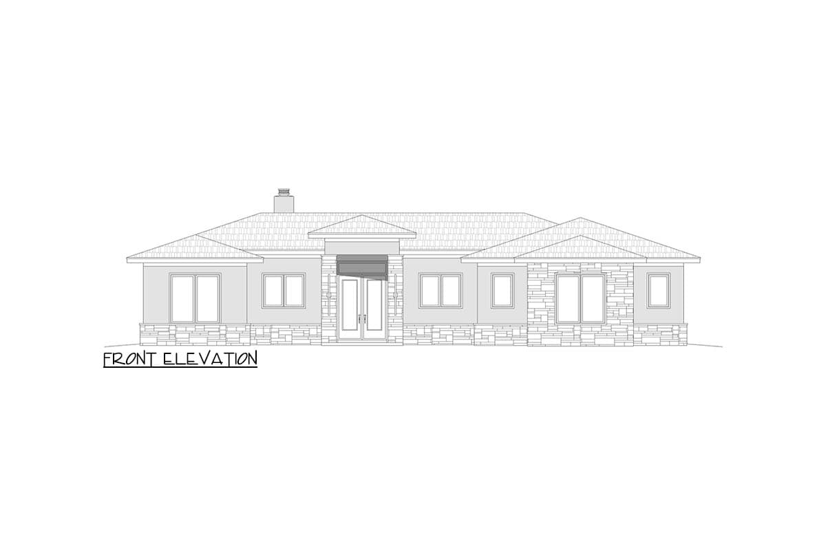 Front elevation drawing of a single-story house with a symmetrical facade, stone accents, and a prominent central entrance.
