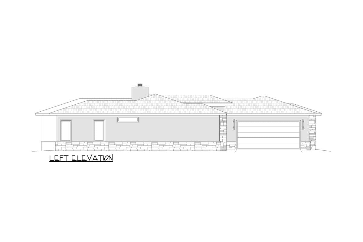 Left elevation drawing of a single-story house plan with a pitched roof, stone base, and attached garage.